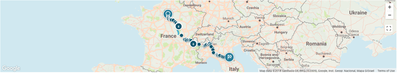 Overview of trip on world map