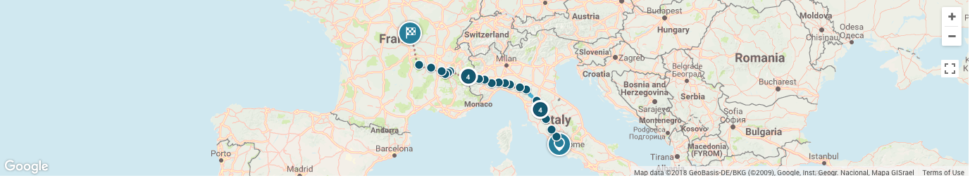 Overview of trip on world map