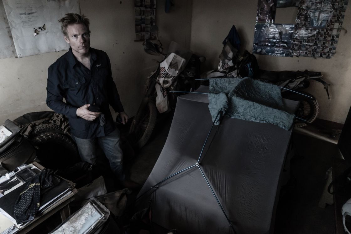 2 bikes and the tent pitched inside the police man’s office in the DRC.