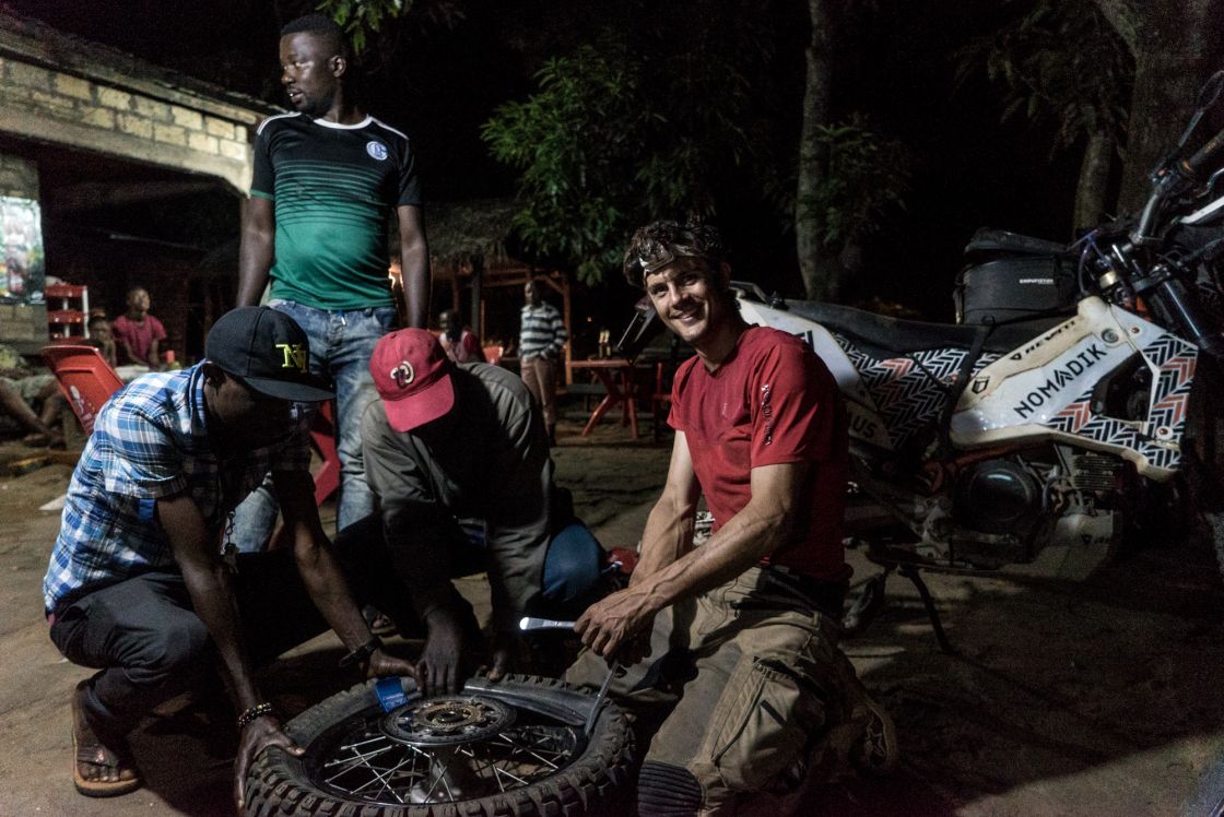 Like most days in Africa, this restaurant wasn't where we planned to sleep, but a flat tire, cold beer and good food forced our hand and the owners offered to push some tables back inside to make room for us. 