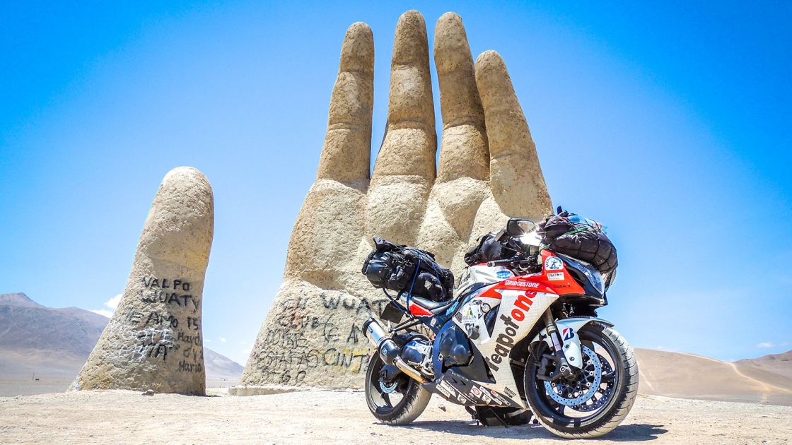 Bruce's Suzuki motorcycle proved a sturdy steed. Here it is in Chile