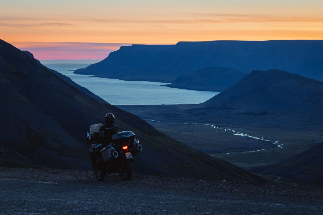 Sunset in the mountains on the way to Þingeyri, 2 am.