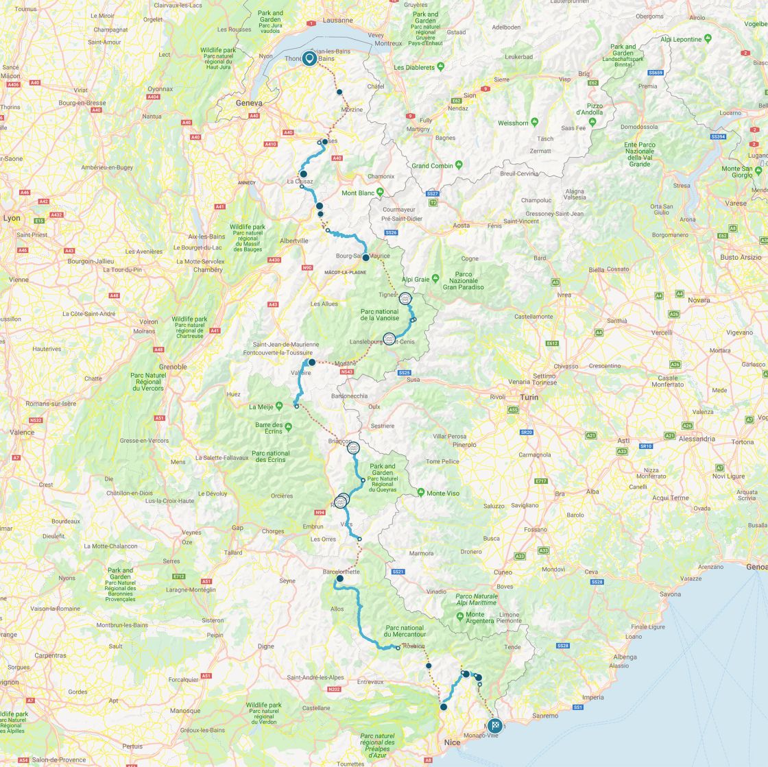 The complete route des Grandes Alpes.