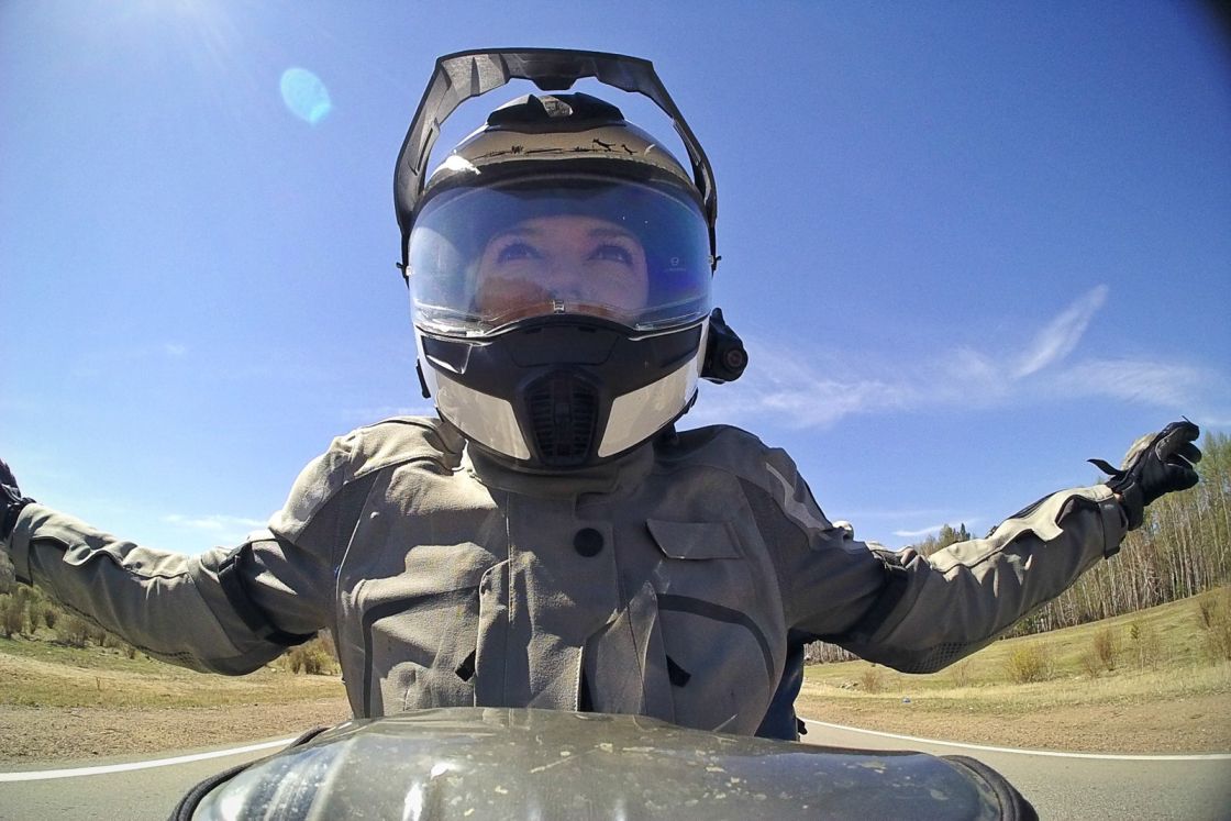 On her bike, adventure riding