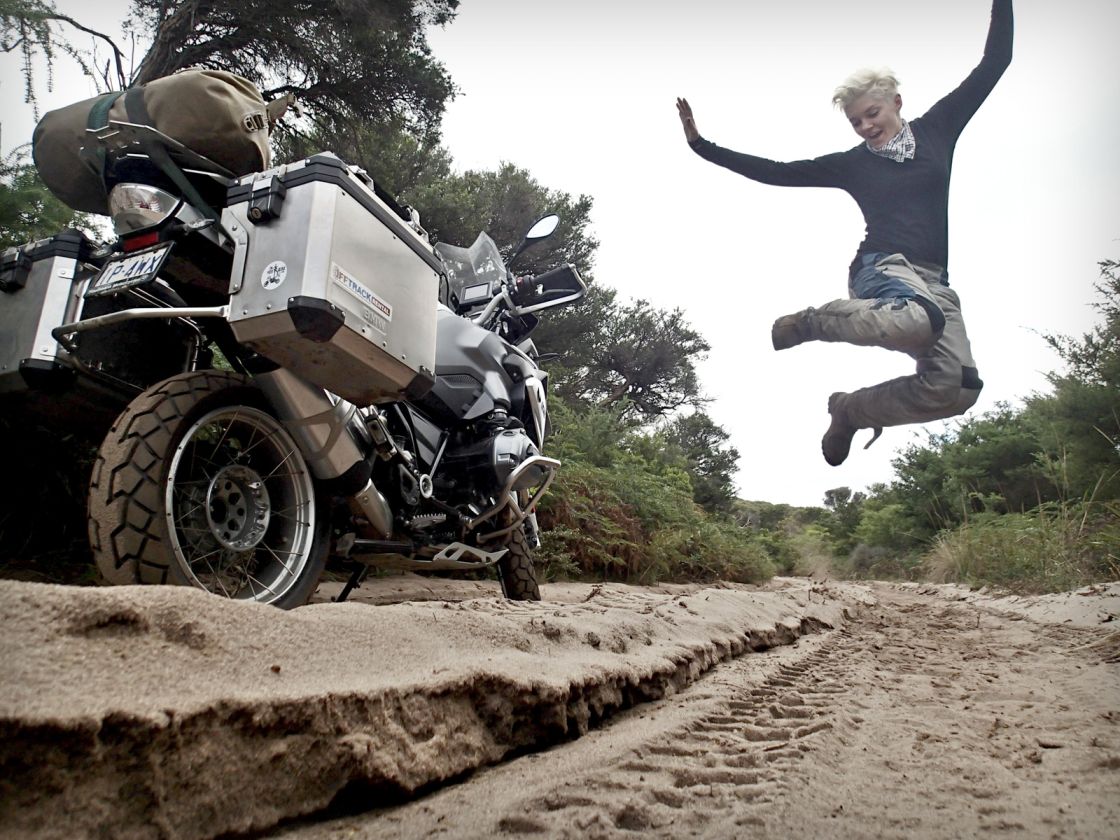 On her bike, adventure riding