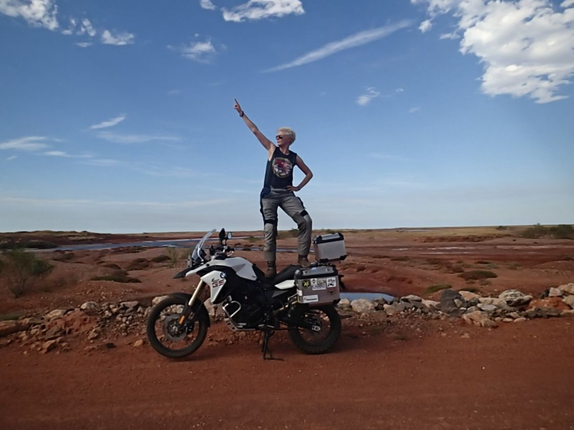 On her bike, adventure riding