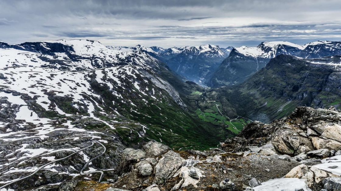 The incredible view north from the Dalsnibba plateau. Park up and walk right out over the side of the cliff on the metal platform. The toll road to get there is worth every Krone