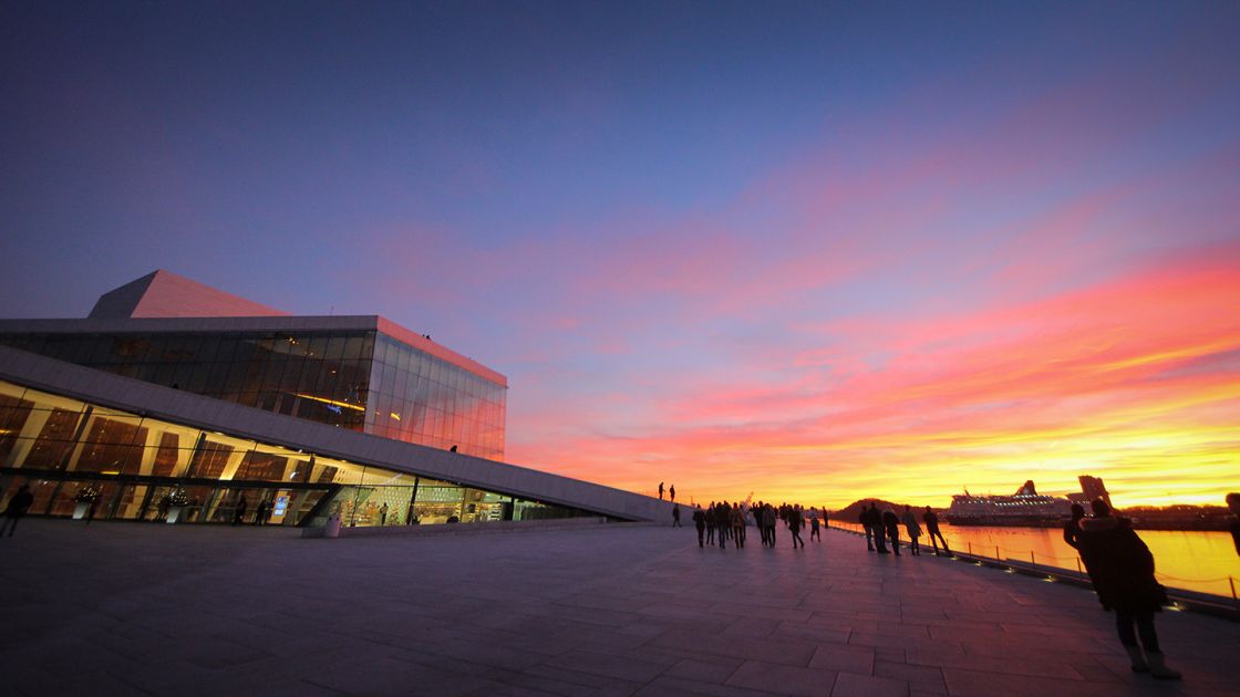 Welcome back to civilisation. The modern Oslo Opera House looks like an iceberg and glows pink in long winter sunsets.
