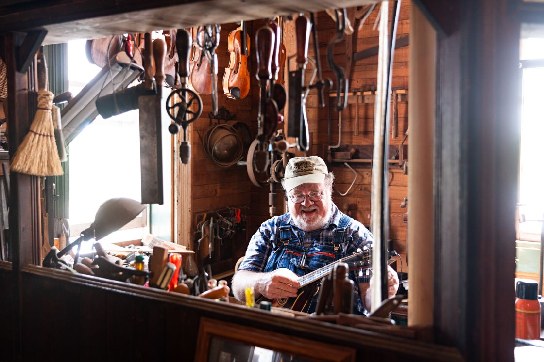 Steve at the General Mercantile & Old Time String Shop is telling stories about Bonnie Parker and fixing acoustic stringed instruments.