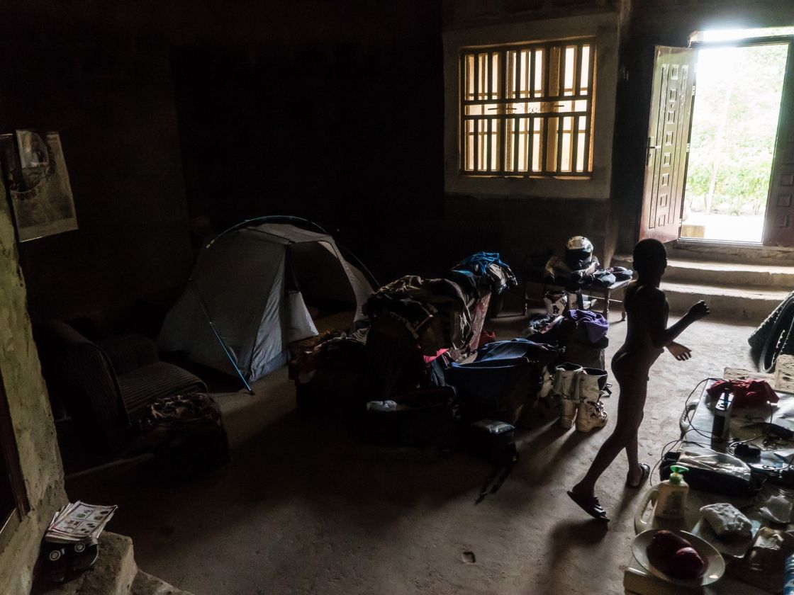 Our tent pitched in Blessings living room to shelter us from the wet season and the mosquitos